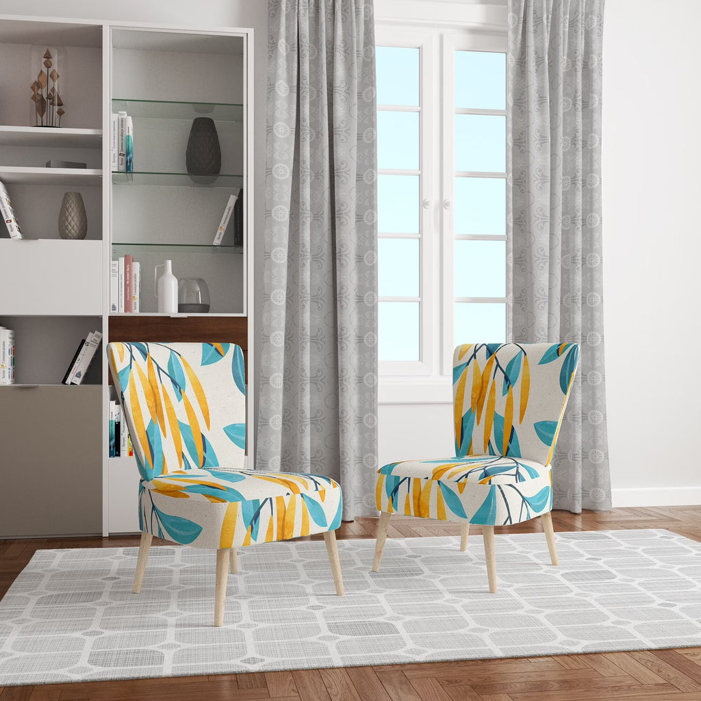 Blue And Yellow Floral Pattern Upholstered Accent Chair N1735