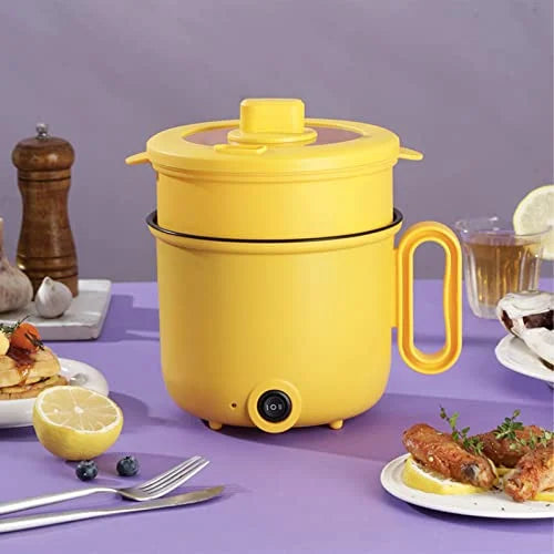 Electric Cooking Pot 1.5L Coated Clear Lid Yellow Double Layer W7107