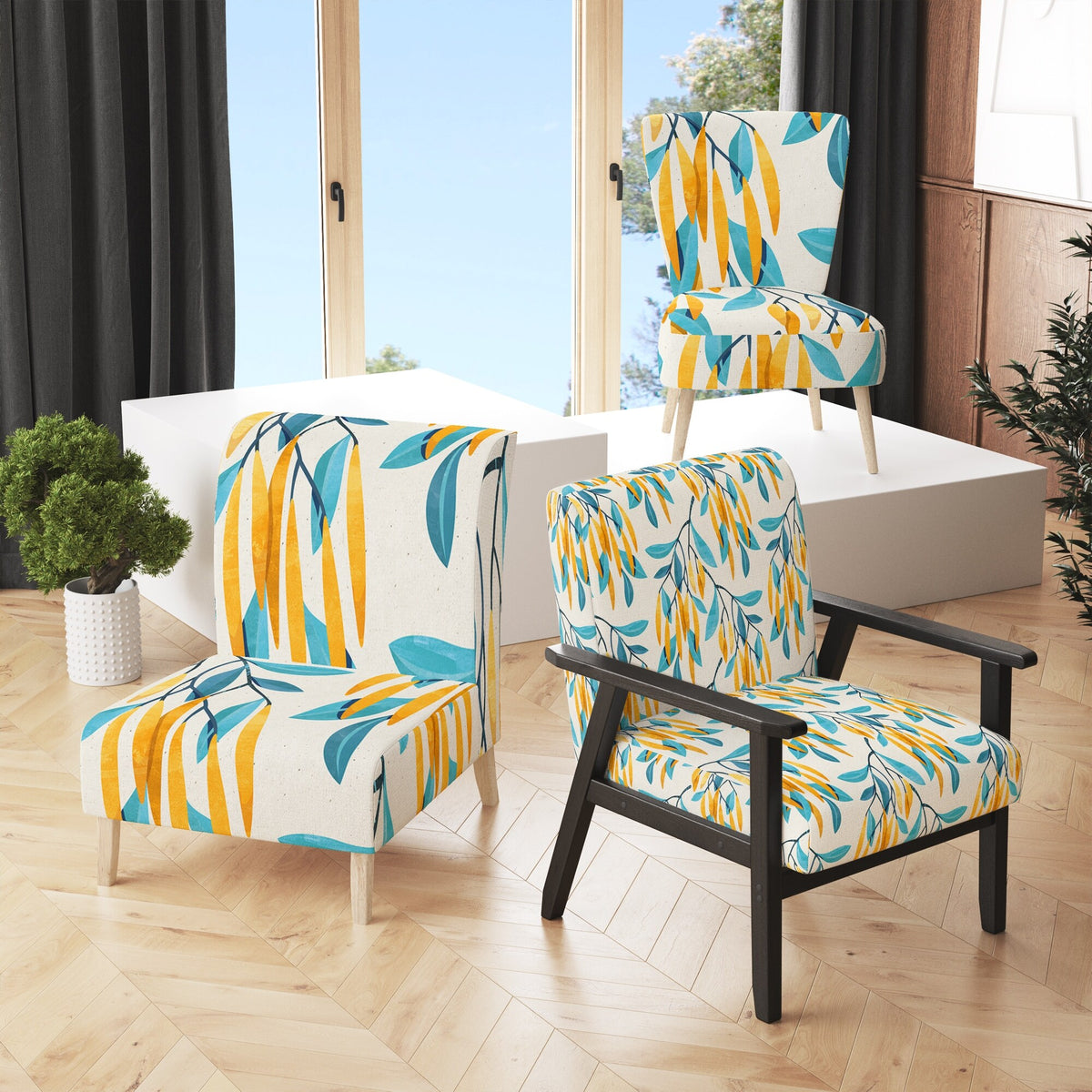 Blue And Yellow Floral Pattern Upholstered Accent Chair N1735