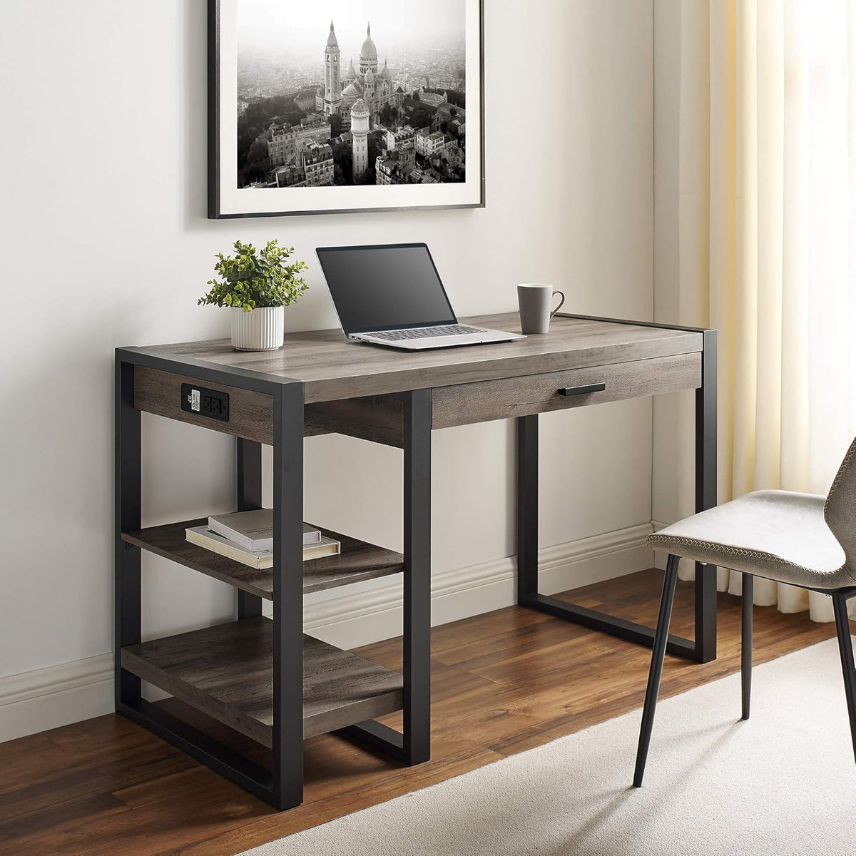 48 Inch Grey Wash Computer Gaming Desk with Drawer and Electrical Outlet N413841