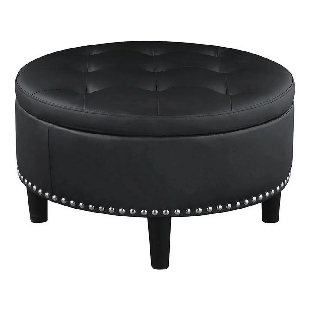 30 Inch Round Black Faux Leather Storage Ottoman Q26831