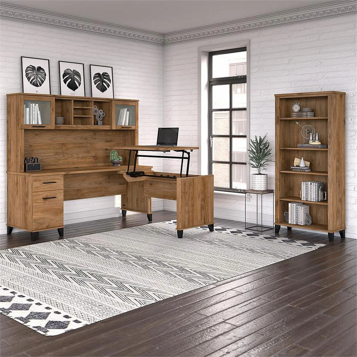 Engineered Wood Sit to Stand Desk Set with Bookcase S920438