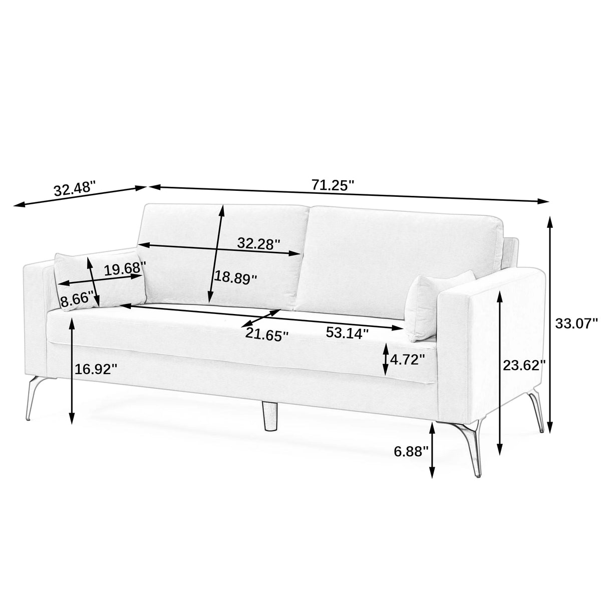 Beige Corduroy 3-Seater Sofa with Square Arms A47938