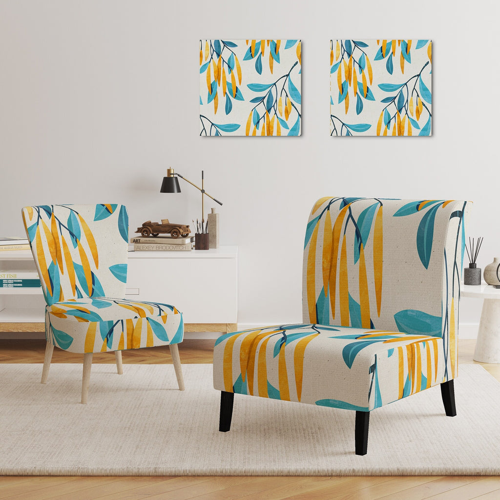 Blue And Yellow Floral Pattern Upholstered Accent Chair N1735