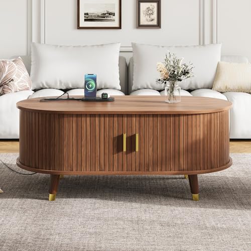 42.5'' Oval Wood Coffee Table with Storage and Charging Station J324