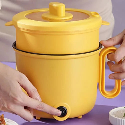 Electric Cooking Pot 1.5L Coated Clear Lid Yellow Double Layer W7107