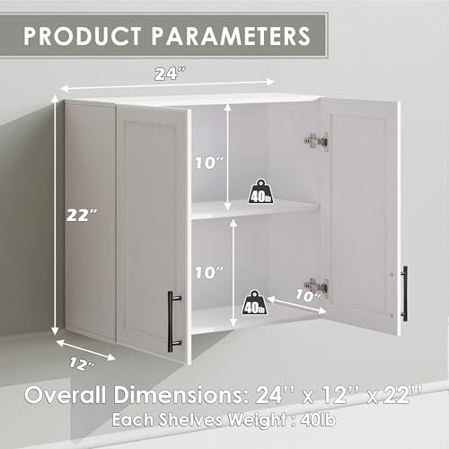 Grey Wall Storage Cabinet with Two Shaker Doors and Shelf, 24'Wx2 Pcs M25957