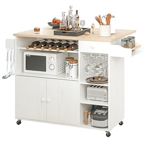 White Rolling Kitchen Island Cart with Drop-Leaf and Wine Rack Y3694