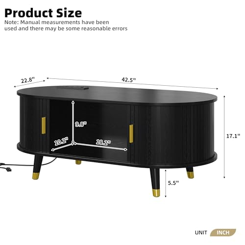 42.5'' Oval Wood Coffee Table with Storage and Charging Station J324