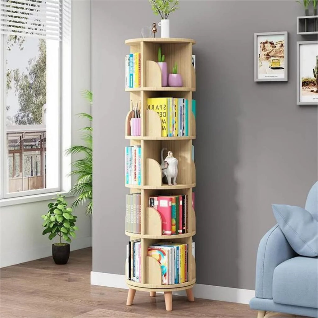 5 Tier Rotating Bookshelf with Legs Wooden Bookcase A3964