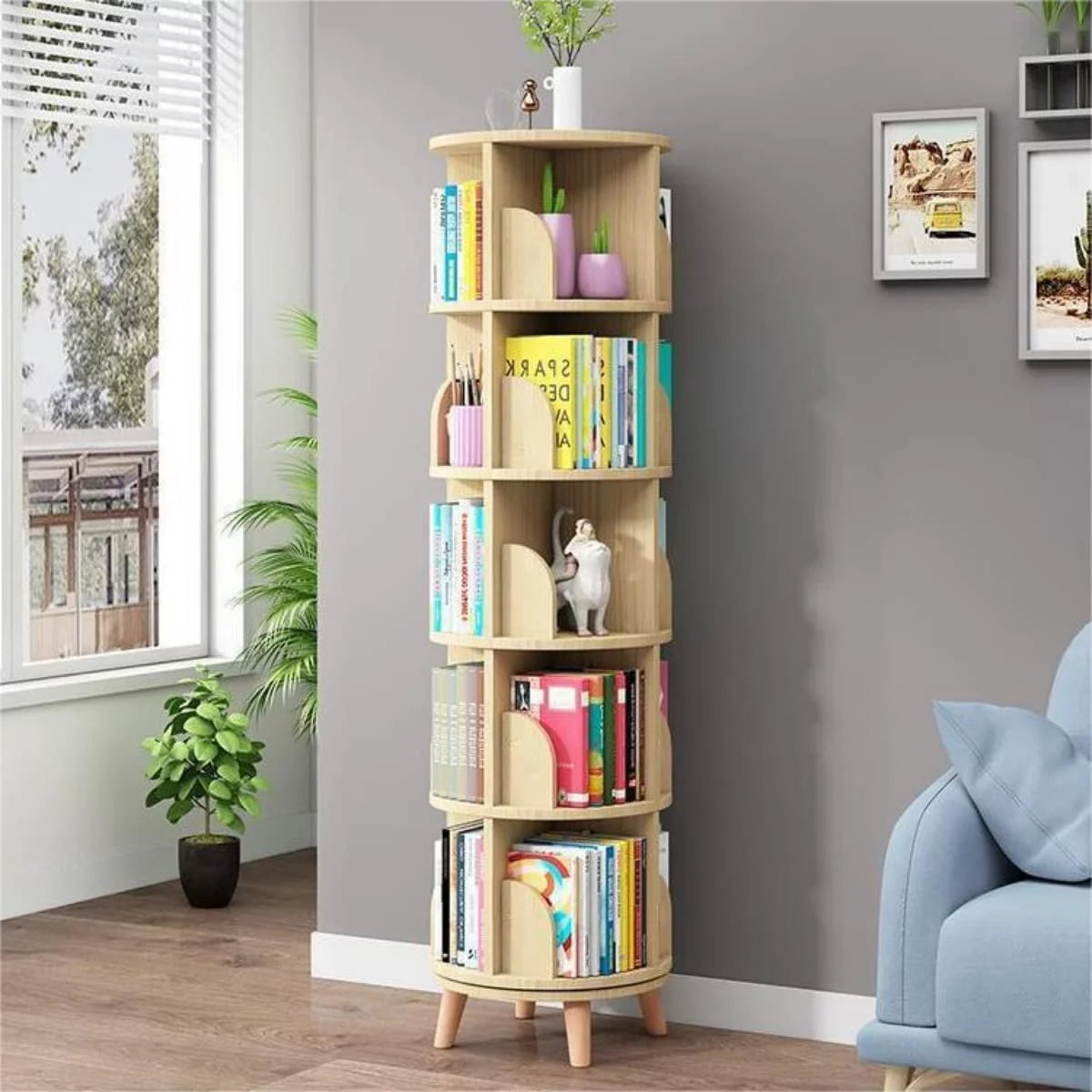 5 Tier Rotating Bookshelf with Legs Wooden Bookcase A3964