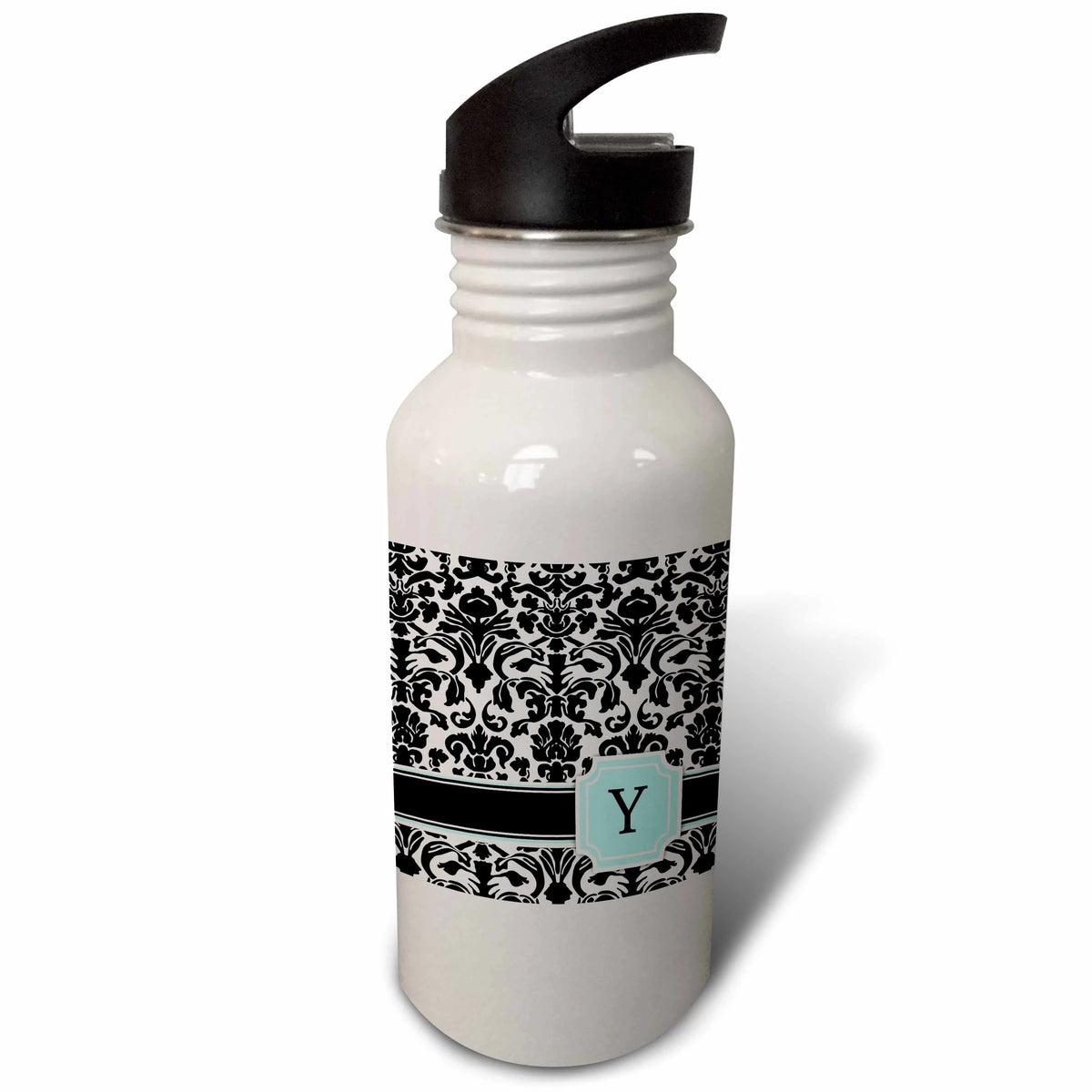 Mint Blue Black and White Damask Pattern 21 oz Sports Water Bottle D739723