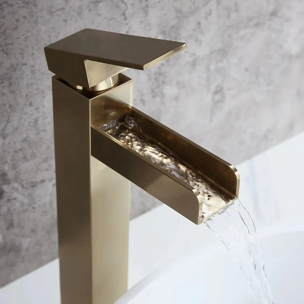 Brushed Gold Single Handle Waterfall Bathroom Vessel Sink Faucet P5906