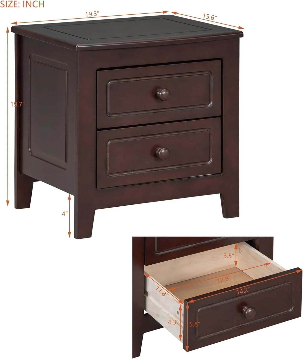 Dark Walnut 2 Drawer Solid Wood Nightstand V443