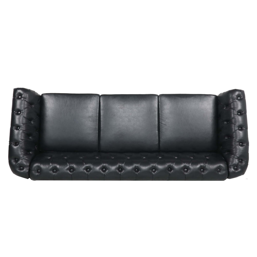 Black PU Rolled Arm Chesterfield Three Seater Sofa Q2717