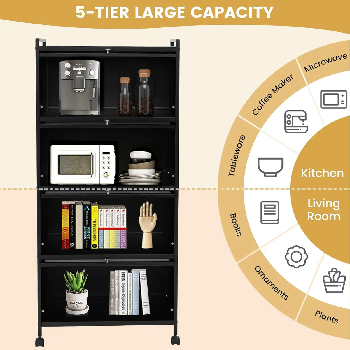 5-Tier Kitchen Cabinet with 4 Rolling Casters B327