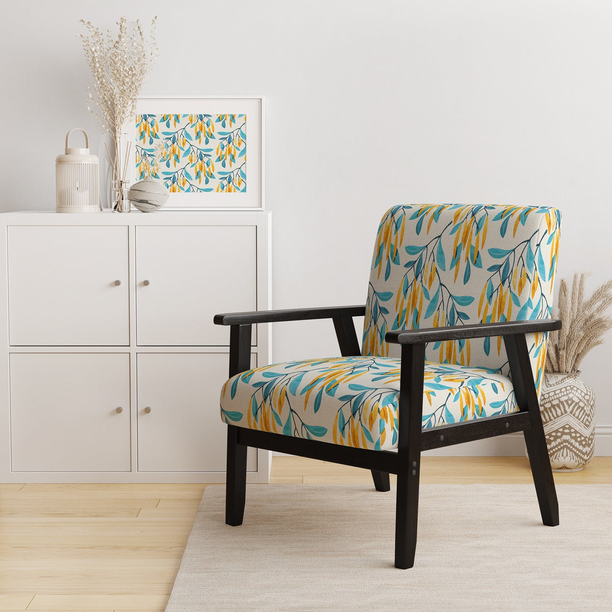 Blue And Yellow Floral Pattern Upholstered Accent Chair N1735